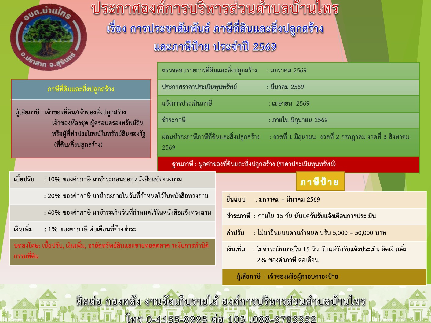 ประชาสัมพันธ์ องค์การบริหารส่วนตำบลบ้านไทร ขอแจ้งเรื่อง การชำระภาษีที่ดินและสิ่งปลูกสร้าง และภาษีป้าย  ประจำปี 2569